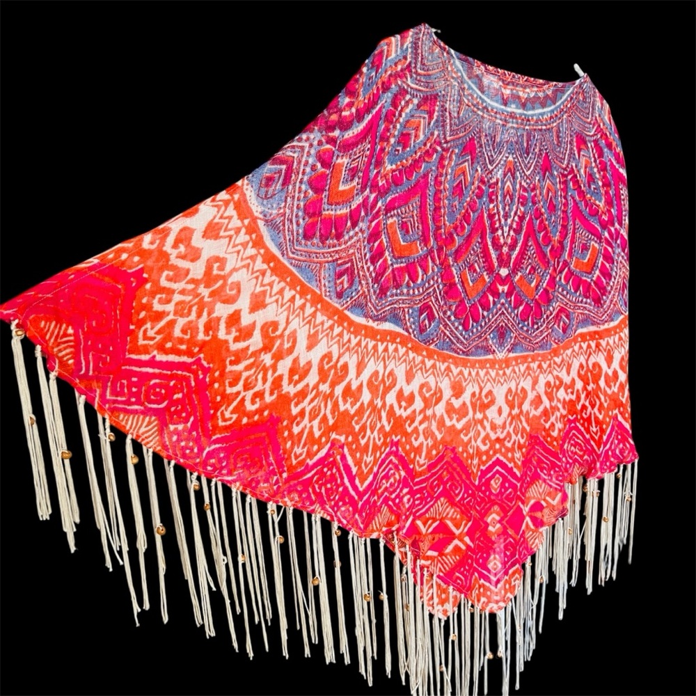 Chico's Phoebe Linen Poncho Multicolor O/S Fringe Lightweight Boho Hipster - Picture 4 of 13